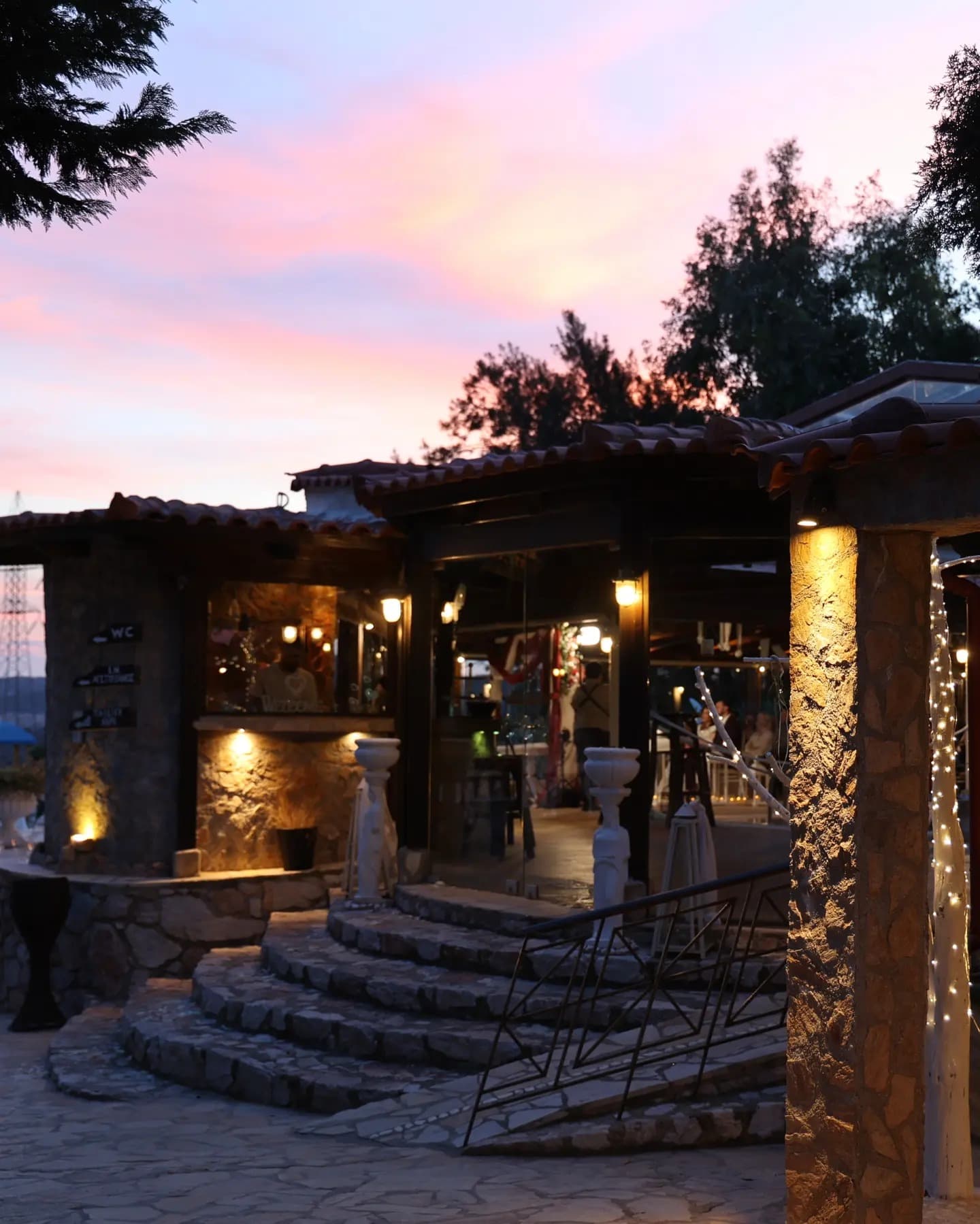 Reception hall entrance at sunset — Ktima Filokalis Koropi Attica