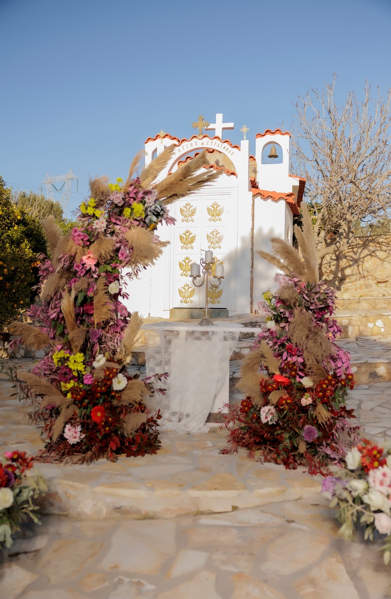 Interior of St. Stylianos wedding chapel with panoramic sea view at Ktima Filokalis Koropi